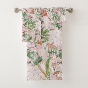 Vintage Cockatoo Jungle Pattern Blush Bath Towel Set