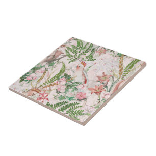 Vintage Cockatoo Jungle Pattern Blush Ceramic Tile