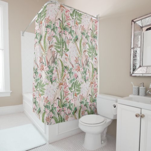 Vintage Cockatoo Jungle Pattern Blush Shower Curtain