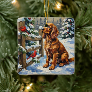 Vintage Cocker Spaniel and Cardinals Christmas Ceramic Ornament