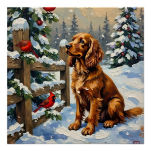 Vintage Cocker Spaniel and Cardinals Christmas Poster