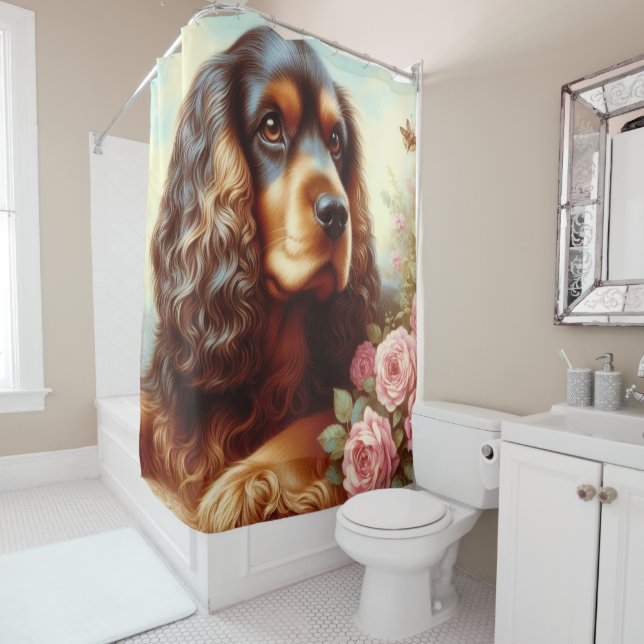 Vintage Cocker Spaniel  Painting Shower Curtain (In Situ)