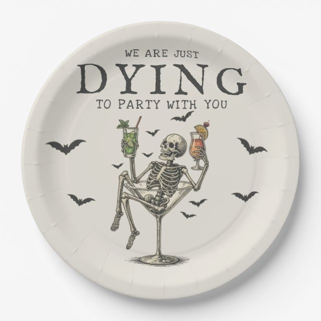 Vintage Cocktails Skeleton Halloween Party Paper Plates (Front)