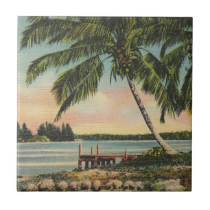 Vintage Coconut Palm Tree Tropical Breeze Sunset Ceramic Tile