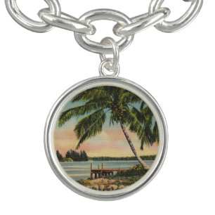 Vintage Coconut Palm Tree Tropical Breeze Sunset Charm Bracelet
