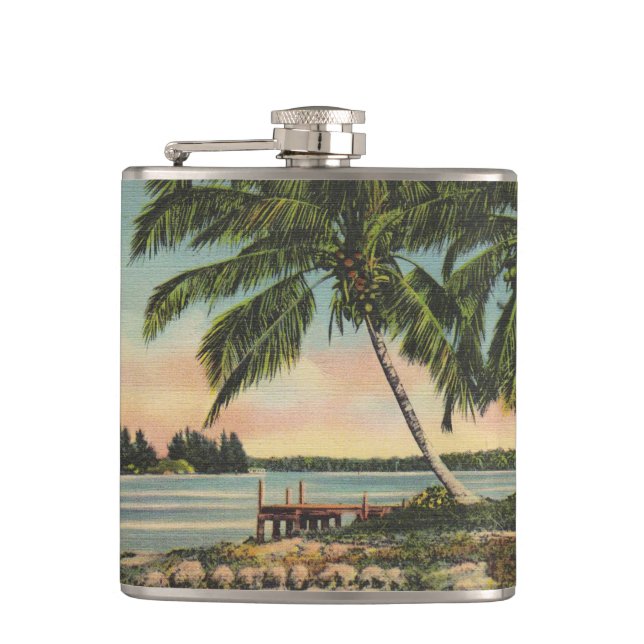 Vintage Coconut Palm Tree Tropical Breeze Sunset Flask (Front)