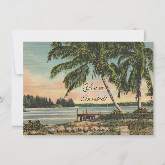 Vintage Coconut Palm Tree Tropical Breeze Sunset Invitation (Front)