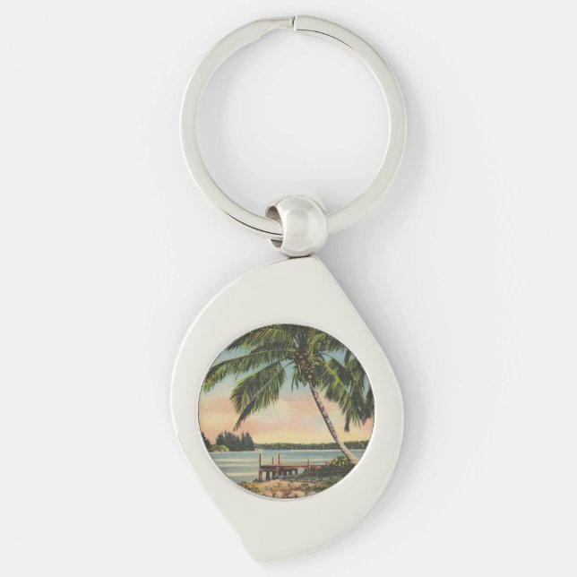 Vintage Coconut Palm Tree Tropical Breeze Sunset Keychain (Front)