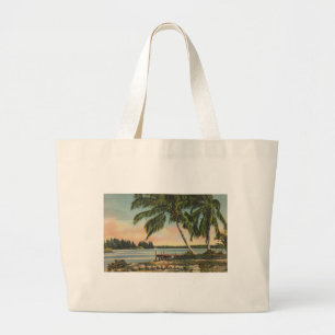 Vintage Coconut Palm Tree Tropical Breeze Sunset Large Tote Bag