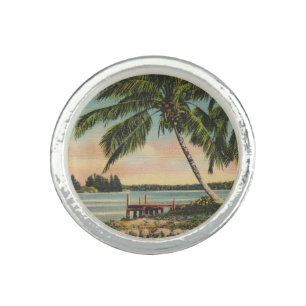 Vintage Coconut Palm Tree Tropical Breeze Sunset Ring