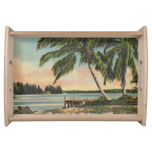 Vintage Coconut Palm Tree Tropical Breeze Sunset Serving Tray