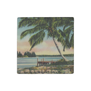 Vintage Coconut Palm Tree Tropical Breeze Sunset Stone Magnet
