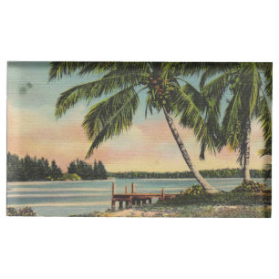 Vintage Coconut Palm Tree Tropical Breeze Sunset Table Card Holder