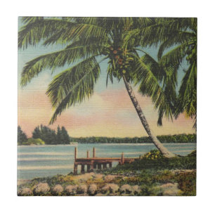 Vintage Coconut Palm Tree Tropical Breeze Sunset Tile