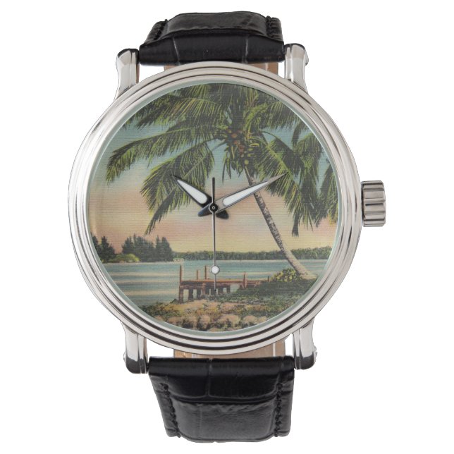 Vintage Coconut Palm Tree Tropical Breeze Sunset Watch (Front)