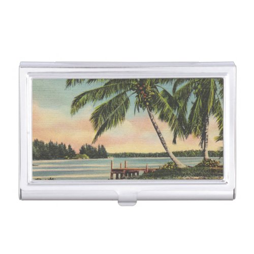 Vintage Coconut Palms Tropical Breeze Sunset Business Card Holder