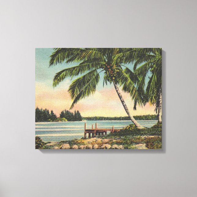 Vintage Coconut Palms Tropical Breeze Sunset Canvas Print (Front)