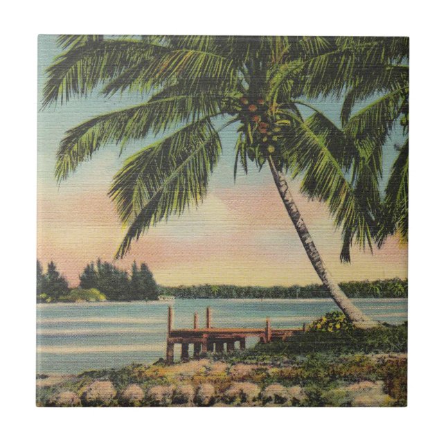 Vintage Coconut Palms Tropical Breeze Sunset Ceramic Tile (Front)
