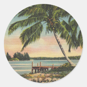 Vintage Coconut Palms Tropical Breeze Sunset Classic Round Sticker