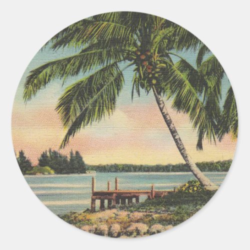 Vintage Coconut Palms Tropical Breeze Sunset Classic Round Sticker