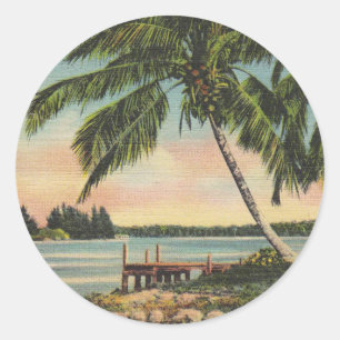 Vintage Coconut Palms Tropical Breeze Sunset Classic Round Sticker