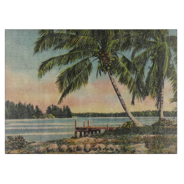 Vintage Coconut Palms Tropical Breeze Sunset Cutting Board (Front)