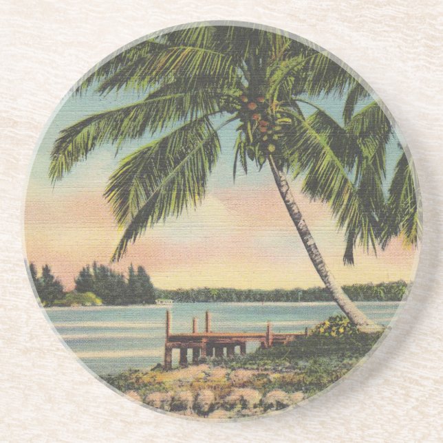 Vintage Coconut Palms Tropical Breeze Sunset Drink Coaster (Front)