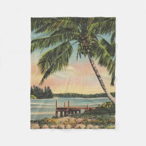 Vintage Coconut Palms Tropical Breeze Sunset Fleece Blanket