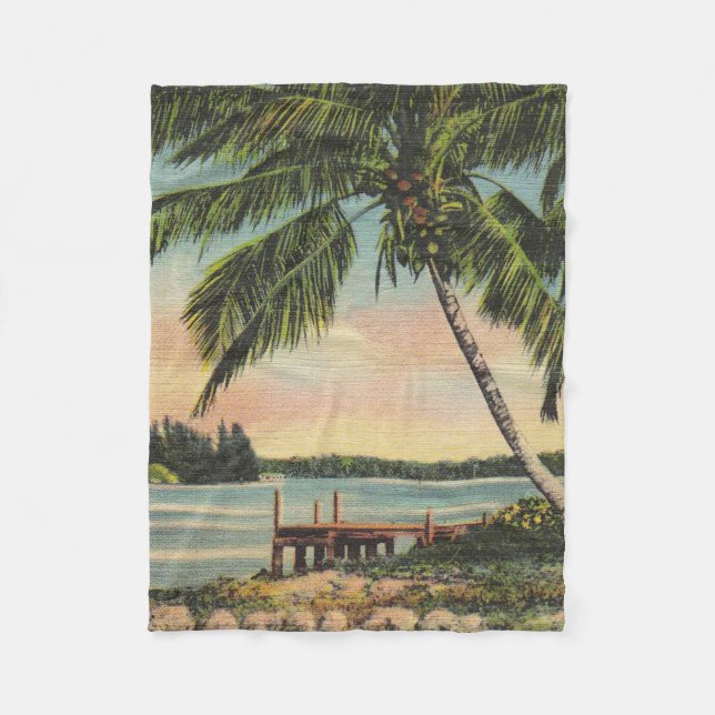 Vintage Coconut Palms Tropical Breeze Sunset Fleece Blanket (Front)