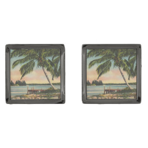 Vintage Coconut Palms Tropical Breeze Sunset Gunmetal Finish Cufflinks