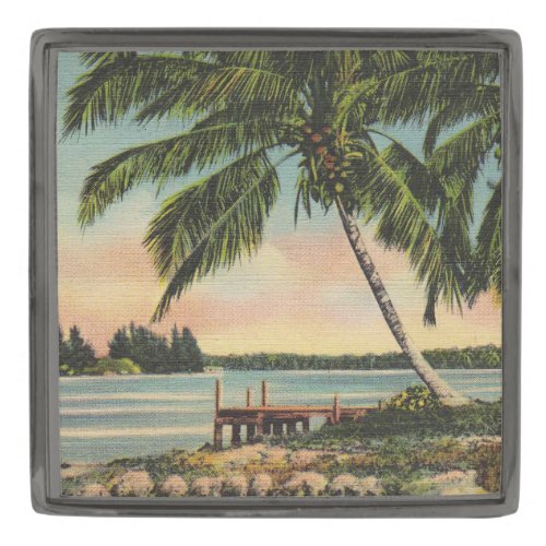 Vintage Coconut Palms Tropical Breeze Sunset Gunmetal Finish Lapel Pin