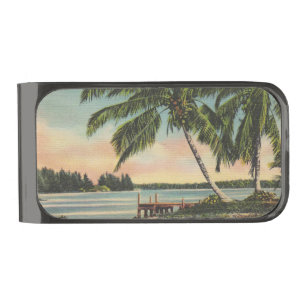 Vintage Coconut Palms Tropical Breeze Sunset Gunmetal Finish Money Clip