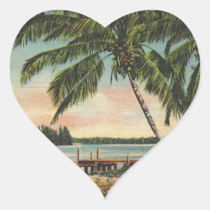 Vintage Coconut Palms Tropical Breeze Sunset Heart Sticker