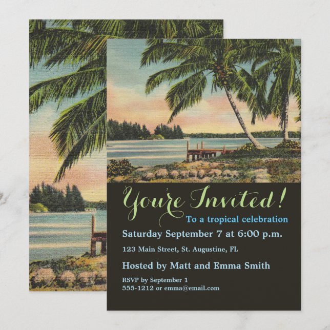 Vintage Coconut Palms Tropical Breeze Sunset Invitation (Front/Back)