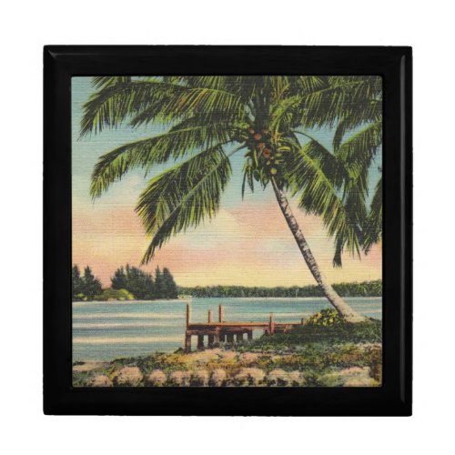Vintage Coconut Palms Tropical Breeze Sunset Jewelry Box