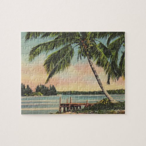 Vintage Coconut Palms Tropical Breeze Sunset Jigsaw Puzzle
