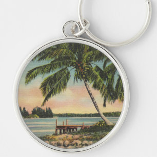 Vintage Coconut Palms Tropical Breeze Sunset Keychain