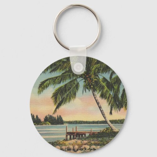 Vintage Coconut Palms Tropical Breeze Sunset Keychain