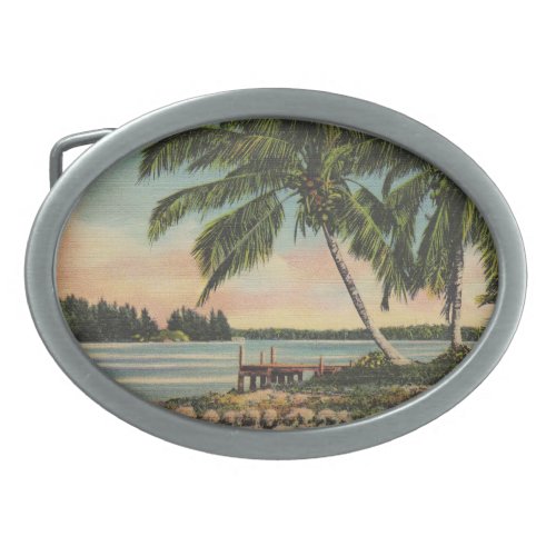 Vintage Coconut Palms Tropical Breeze Sunset Oval Belt Buckle