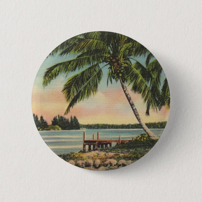 Vintage Coconut Palms Tropical Breeze Sunset Pinback Button (Front)