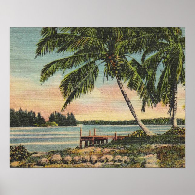 Vintage Coconut Palms Tropical Breeze Sunset Poster (Front)