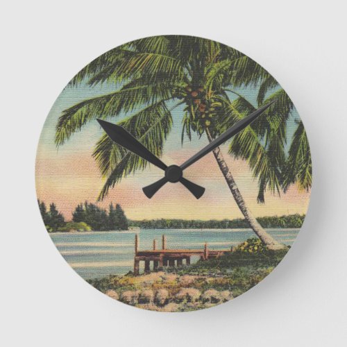 Vintage Coconut Palms Tropical Breeze Sunset Round Clock