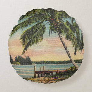 Vintage Coconut Palms Tropical Breeze Sunset Round Pillow