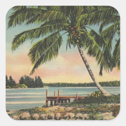 Vintage Coconut Palms Tropical Breeze Sunset Square Sticker
