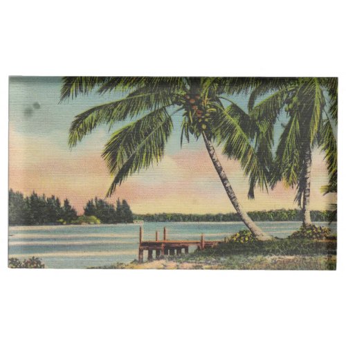 Vintage Coconut Palms Tropical Breeze Sunset Table Card Holder