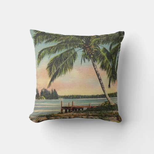 Vintage Coconut Palms Tropical Breeze Sunset Throw Pillow