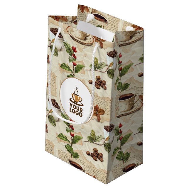 Vintage Coffee Beans & Cup Pattern Shop Brand Logo Small Gift Bag (Back Angled)