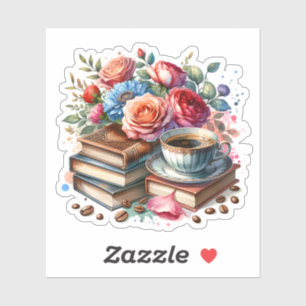Vintage Coffee, Books and Flower Sticker