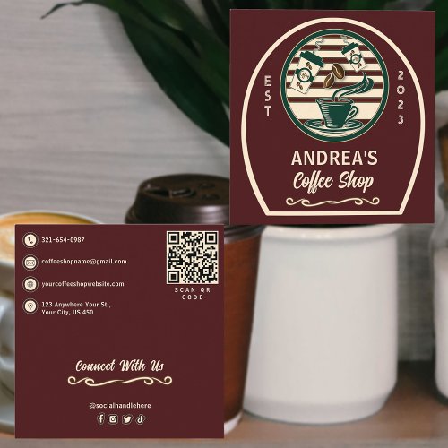 Vintage Coffee Company Shop Custom Logo QR Code Square Business Card