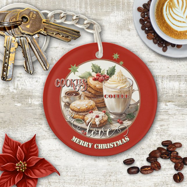Vintage Coffee Cookies Love Christmas Keychain (Fun watercolor Christmas cookies and coffee with love Merry Christmas keychain)